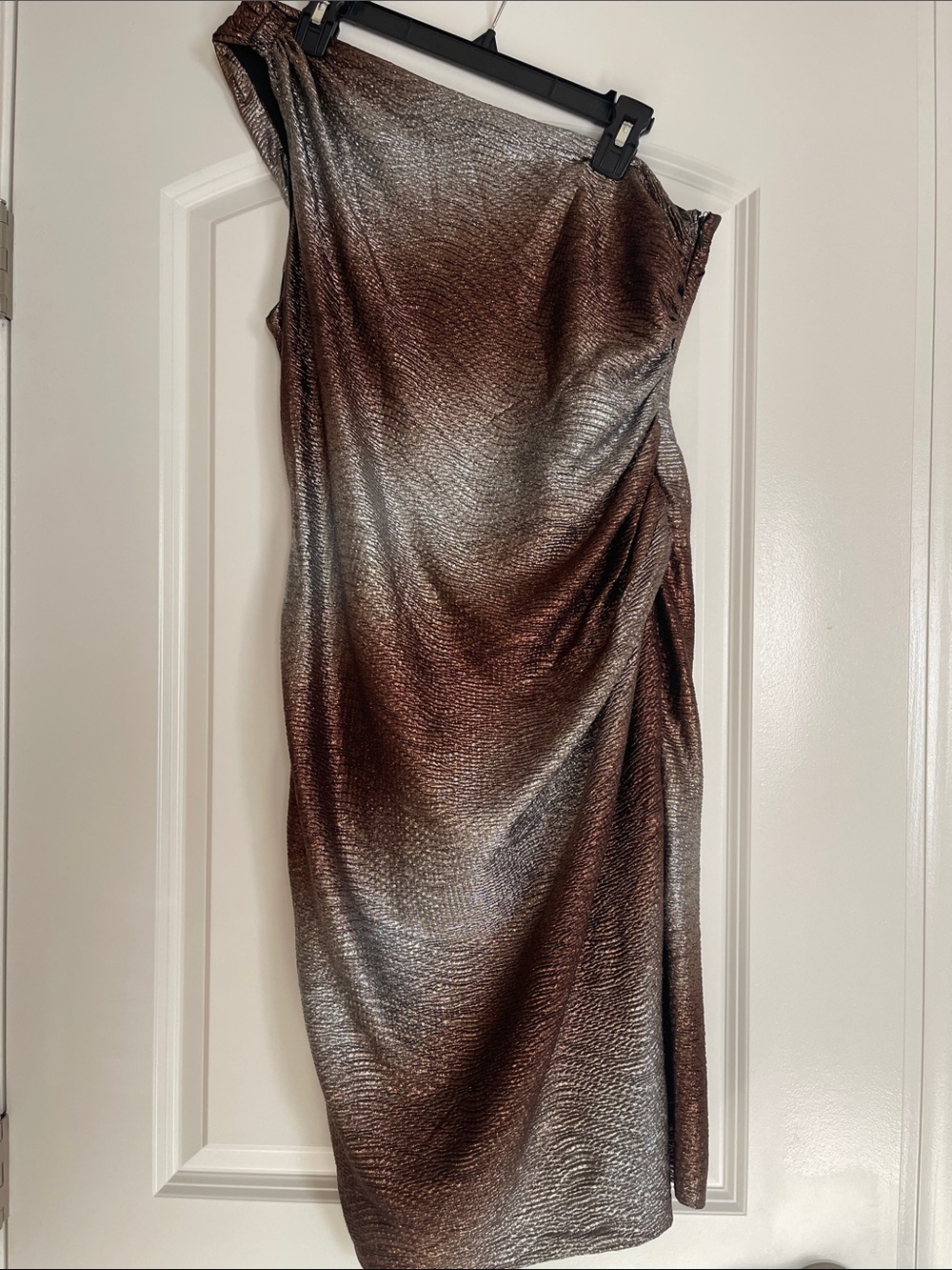 Maggy London One-Shoulder Metallic Brown and Silver Draped Dress